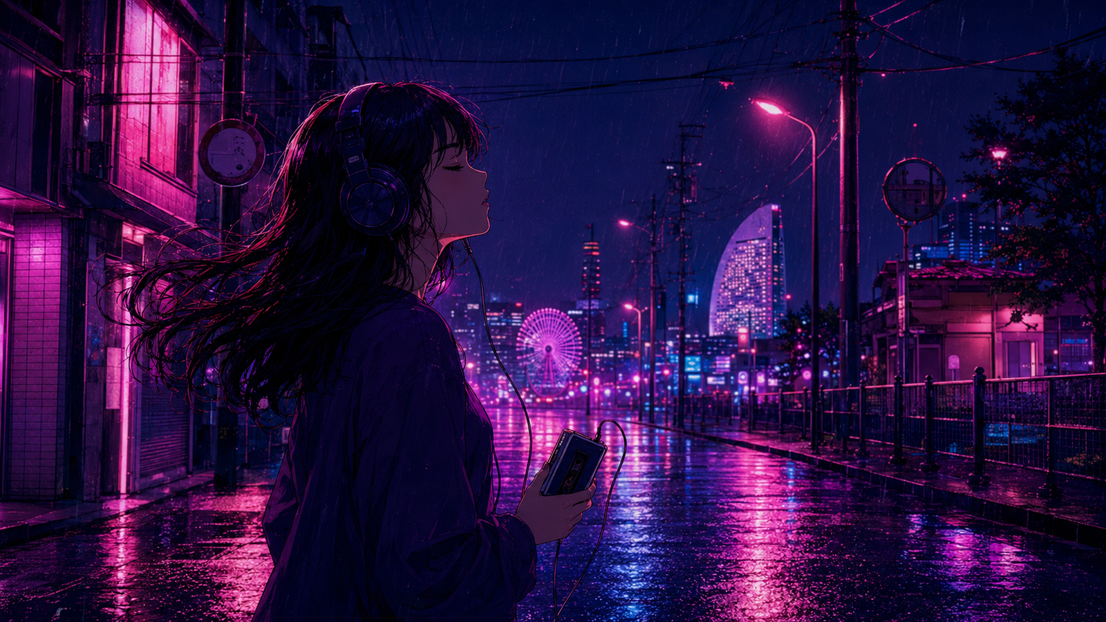 Anime girl with headphones standing on a rain-soaked street in Yokohama at night